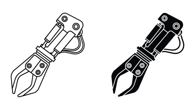 Vector illustration of robotic gripper claws with mechanical arms and hydraulic cylinders on white background
