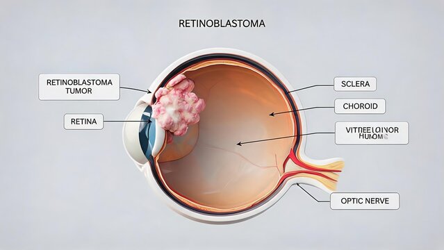 3D Labeled Medical Illustration of Retinoblastoma Tumor in Human Eye Cross-Section with Retina, Sclera, Choroid, Vitreous Humor and Optic Nerve Anatomy
