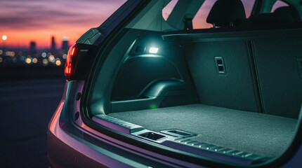 Fototapeta premium Brightly illuminated car trunk interior showing empty cargo area with clean upholstery and automatic LED lighting at dusk overlooking colorful city skyline during scenic travel time.