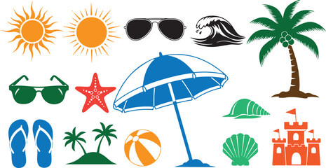Obraz premium Tropical beach sunset icons featuring palm trees and ocean views silhouette set isolated