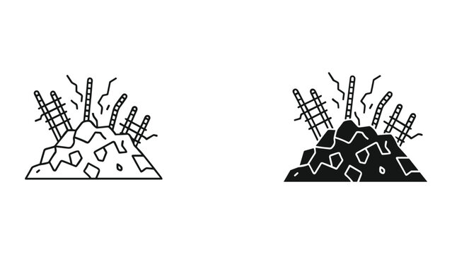 Black and white line art illustration of two piles of rubble with rebar sticking out on white background