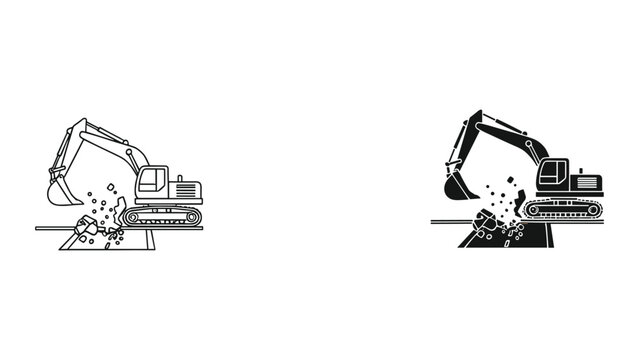 Vector illustration of excavator digging and breaking asphalt road with two different styles