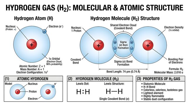 Hydrogen gas (H₂) molecular and atomic structure diagram comparing isolated hydrogen atom Bohr model with electron cloud view of H₂ molecule, highlighting shared electron pair, bond energy, bond dista