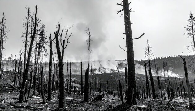 Skeletal charred trees stand amidst smoke and devastation in a wildfire aftermath forest