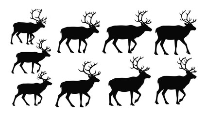 Collection of reindeer silhouettes in various poses against a white background a striking animal silhouette antler deer caribou elk mammal © SIMPLYXRIAD