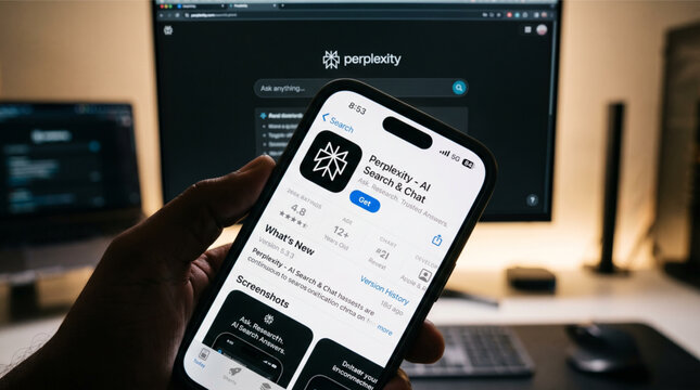 Hand Holding Smartphone with Perplexity AI Search and Chat App Store Page on Screen with Computer Monitor Displaying Website in Background Software