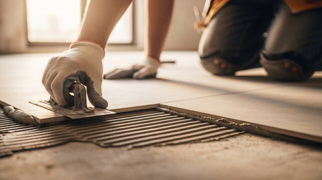 Professional construction worker kneeling on floor applying thin set mortar using notched trowel for precise installation of ceramic tiles in residential renovation project interior.