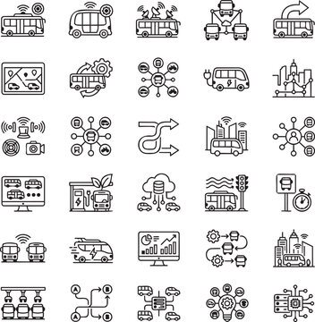 Autonomous Bus & Shuttle Line Icons Set &ndash; 30 Minimal Black Outline Vector Icons for Driverless Transit, Smart Mobility & Connected Transportation