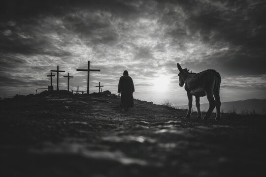 Silhouette of a figure in a long cloak walking alongside a donkey near wooden crosses on a hillside at sunset, dramatic clouds filling the sky
