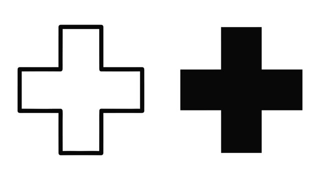 Two plus signs one black and one outlined on white background