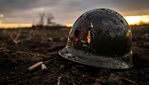 Rusted military helmet with bullet hole, half-buried in muddy soil, a solemn relic of past conflict.