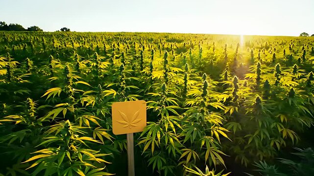 Marijuana field at sunset with a gold leaf symbol in the foreground. Large-scale commercial cannabis plantation featuring rows of green plants. Legalization concept for medical marijuana industry.