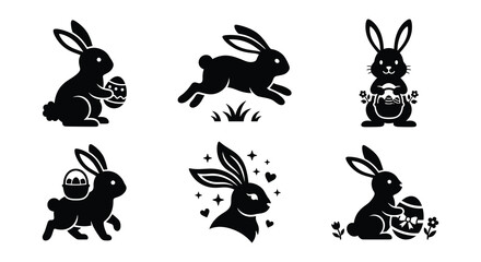 Rabbit Silhouettes With Easter Eggs And Flowers Black Vector Illustration © Begum