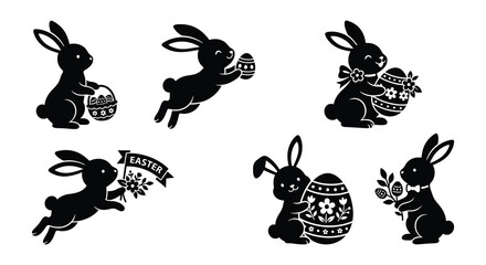 Rabbit Silhouettes With Easter Eggs And Flowers Black Vector Illustration © Begum