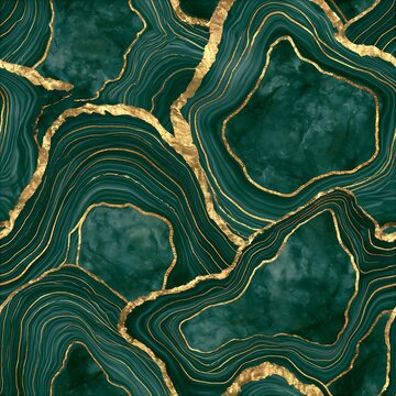 Emerald green marble and gold outline seamless pattern