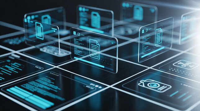 Complex digital network grid with multiple floating file icons and data nodes representing information management and virtual document storage solutions on high tech black surface.