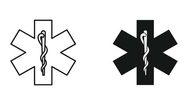 Medical star of life symbol with rod of asclepius in black and white on isolated white background