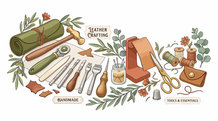 Obraz premium Leather crafting tools and equipment collection.