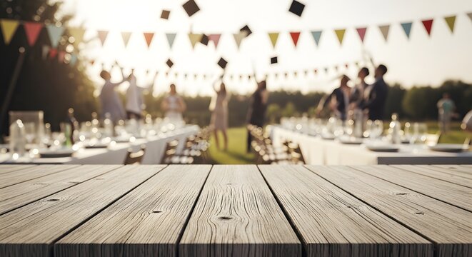 Wooden table surface with blurred outdoor graduation party background
