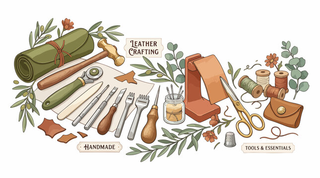 Leather crafting tools and equipment collection.