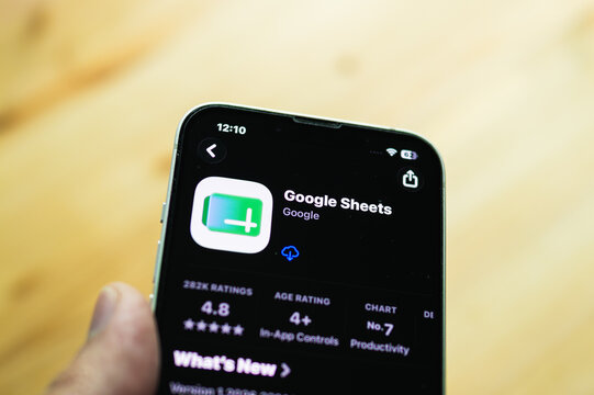 Chachoengsao, Thailand - June 7, 2026: Smartphone displaying the Google Sheets spreadsheet application