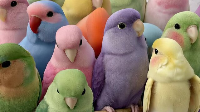 Colorful Pastel Birds Filling the Entire Screen With Graceful Movement and Soft Feather Tones, Charming Nature-Themed Animation Featuring Flying Birds in Dreamy Pink, Blue, Yellow and Lavender Colors