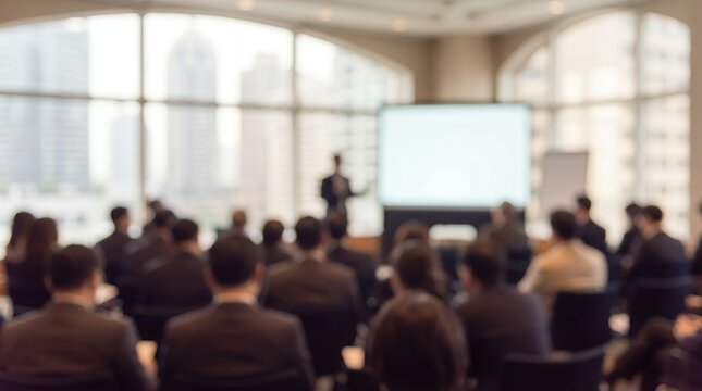 A speaker presents to an attentive audience in a well lit conference room with large windows overlooking city buildings meeting presentation business learning corporate professional