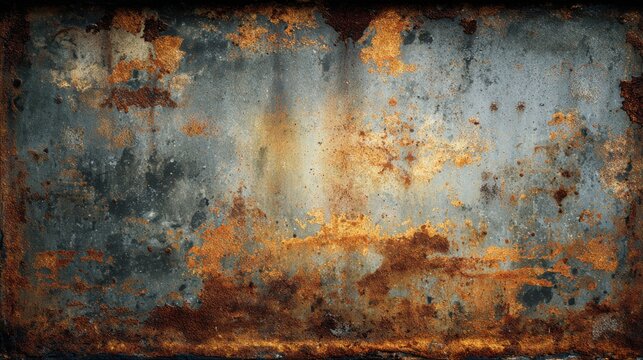 Rusty metal texture and vignette with peeling paint and weathered surface. Grunge industrial background for vintage design, abstract art

