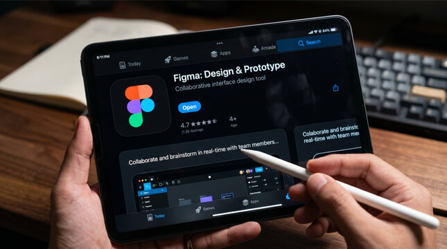 Graphic Designer Using Apple Pencil on iPad Pro to Download Figma Design and Prototype App from Store for Collaborative UI UX Interface Projects