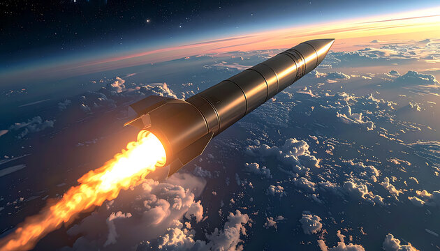 Space rocket launch with fiery exhaust trail ascending above Earth clouds, space exploration and travel concept