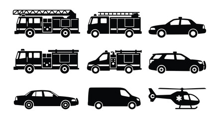 Black Silhouette Of Emergency Vehicles Fire Trucks And Police Cars © Begum