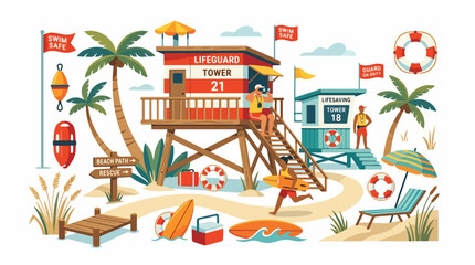 Lifeguard tower on sandy beach scene. © Aldian