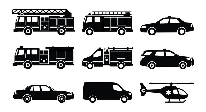 Black Silhouette Of Emergency Vehicles Fire Trucks And Police Cars