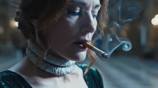 Elegant woman smoking a cigarette in a dramatic setting. Stressed female character exhaling smoke in a vintage green dress. Noir concept for addiction awareness and lifestyle editorial use.
