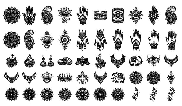 Indian Henna Mehndi Design Icons Set with Traditional Ornamental Cultural and Bridal Patterns