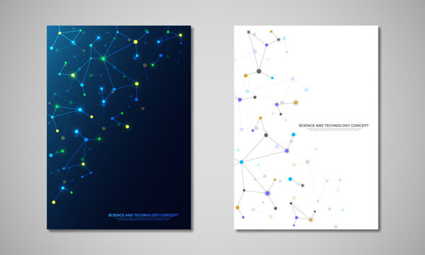 Vector template for brochure or cover with molecular structure background and connected lines and dots. Medicine, science and digital technology concept