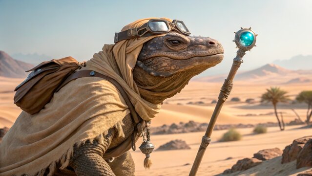 Lizard-like creature in desert with staff and goggles during daytime