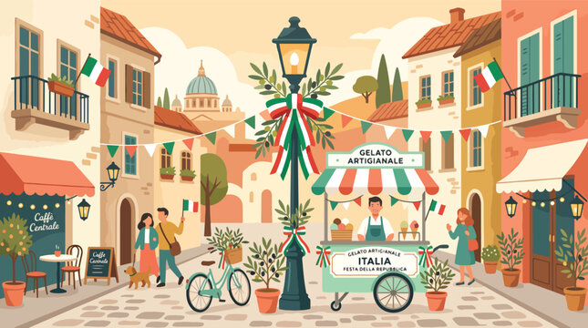 Italian Street Scene with Gelato Cart.