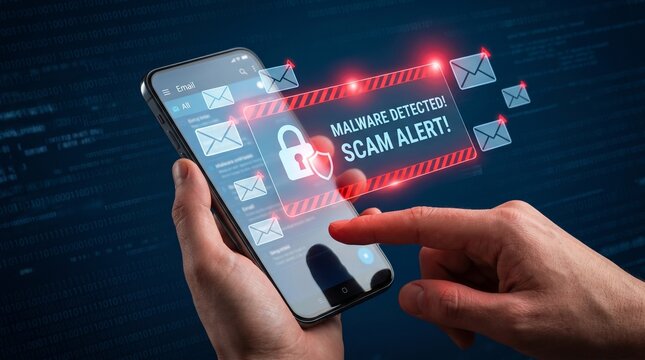 Person holding smartphone with malware detected scam alert on screen