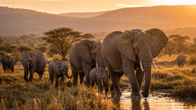 Herd of elephants walking through waterhole at golden sunset in African savanna