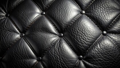 Naklejka premium Close-up of a Black Tufted Leather Surface with Diamond Stitching and Rivets