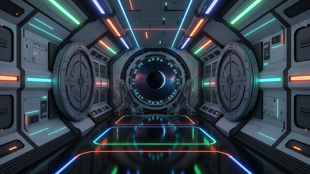 Futuristic Science Fiction Interior Corridor of Advanced Space Station Featuring Colorful Lighting Metallic Gate Design and Atmosphere of Space Exploration Rendered in Detailed 3D Illustration