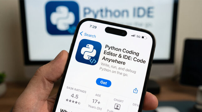 Person Holding iPhone Displaying Python Coding Editor and IDE Mobile App Store Interface for Software Development and Programming Task on the Go.