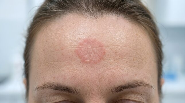 Close Up of Discoid Lupus Erythematosus Plaque on Woman's Forehead