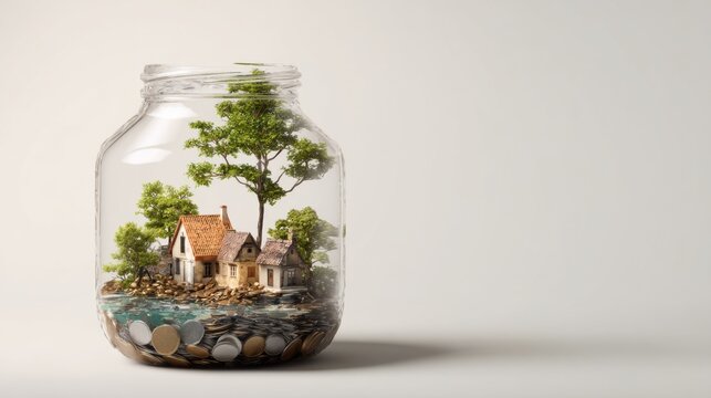A miniature house and tree encased in a glass jar, with coins at the bottom, symbolizing savings for a home and future