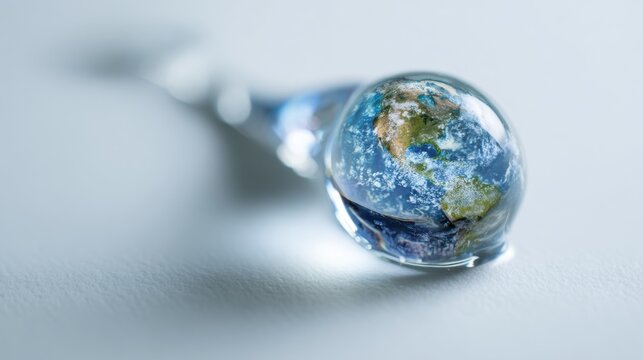A macro shot shows a water droplet with a detailed reflection of Earth on its surface, hinting at the fragility and interconnectedness of our planet