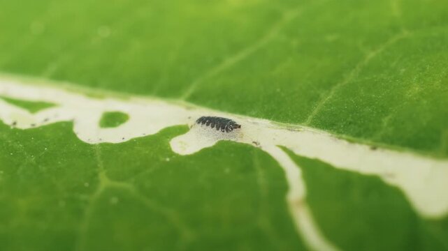 Leaf miner insect larvae that has been burrowing inside a leaf macro close up stock footage