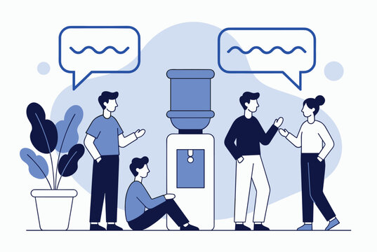 Group of colleagues chatting and relaxing around a water cooler in a modern office environment depicted in a clean blue and white flat style.