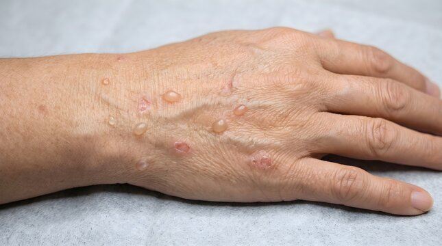 Close Up of Mild Active Epidermolysis Bullosa Blisters and Fragile Skin on Hand