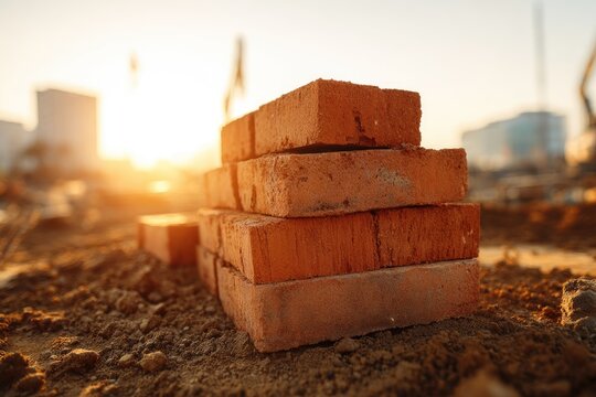 Stacked clay bricks bathed in warm golden sunlight on a dusty construction site